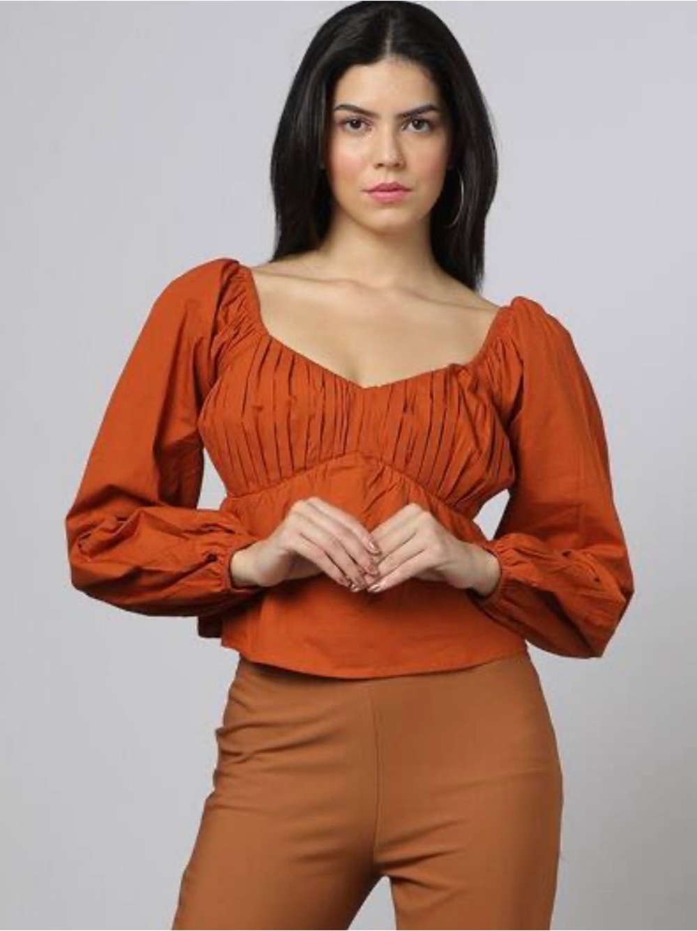 Abercrombie Burnt Orange V-Neck Long Puff Sleeve Babydoll Poplin Top Size Medium